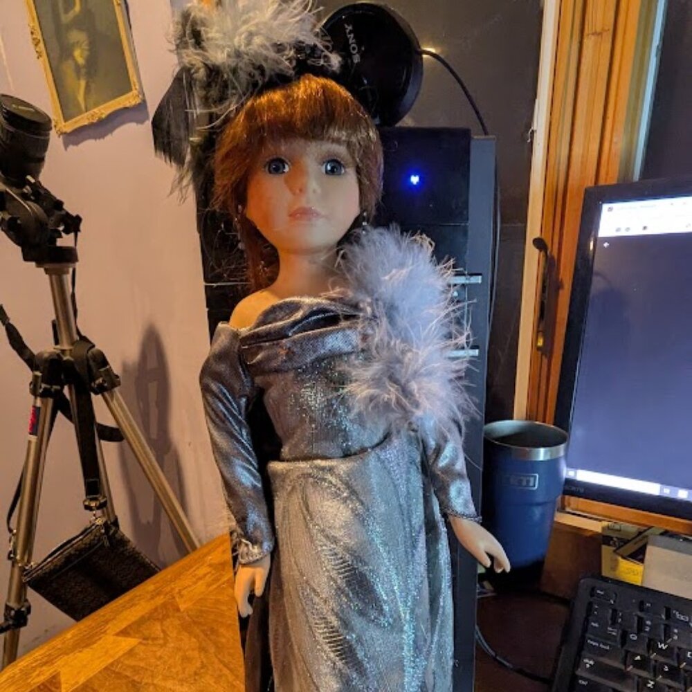 17 Inch Porcelain Doll In Long 20's Silver Gown With Boa